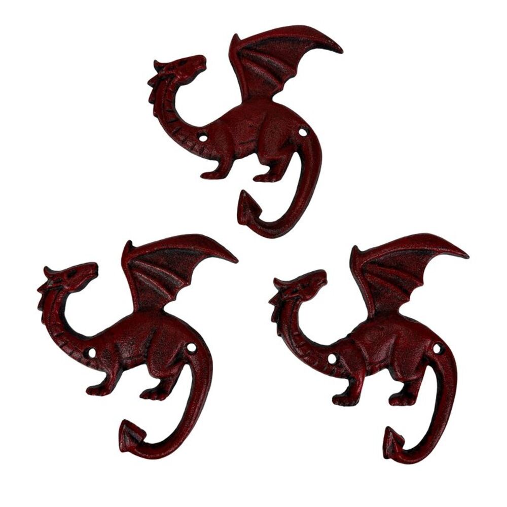 Set of 3 Dragon Wall Hooks Red Rust Cast Iron Gothic 5.25 in Decorative